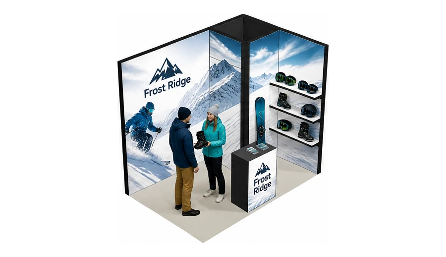 Stoisko 3 × 2 m narożne prawe dla branży narciarstwo i sporty zimowe, przykładowa marka Frost Ridge