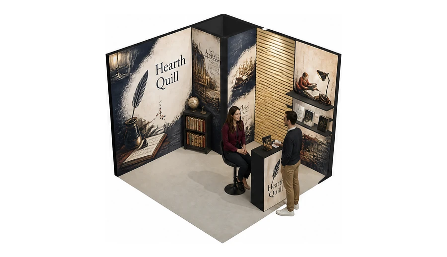 Stoisko 3 × 3 m narożne prawe dla branży wydawnictwa, przykładowa marka Hearth Quill