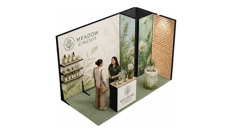 Stoisko 4 × 2 m narożne prawe dla branży kosmetyki naturalne, przykładowa marka Meadow Circuit