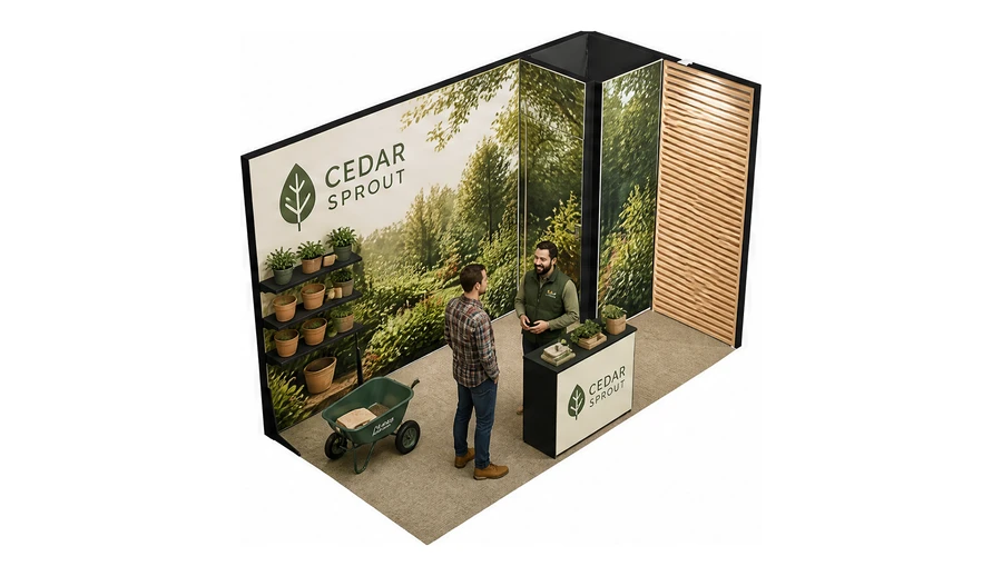 Stoisko 4 × 2 m narożne prawe dla branży ogród i architektura krajobrazu, przykładowa marka Cedar Sprout