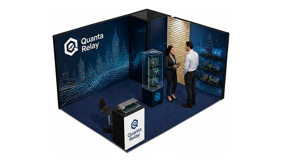 Stoisko 4 × 3 m narożne prawe dla branży komponenty elektroniczne, przykładowa marka Quanta Relay
