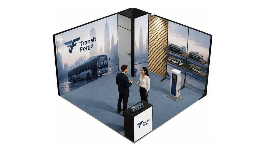 Stoisko 4 × 4 m narożne prawe dla branży autobusy i transport zbiorowy, przykładowa marka Transit Forge