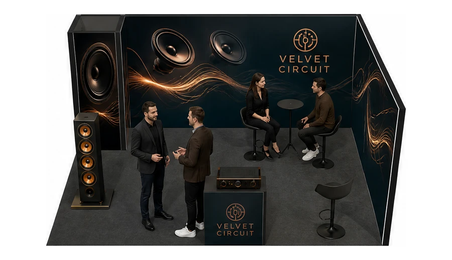 Stoisko 5 × 4 m narożne prawe dla branży sprzęt audio-video, przykładowa marka Velvet Circuit