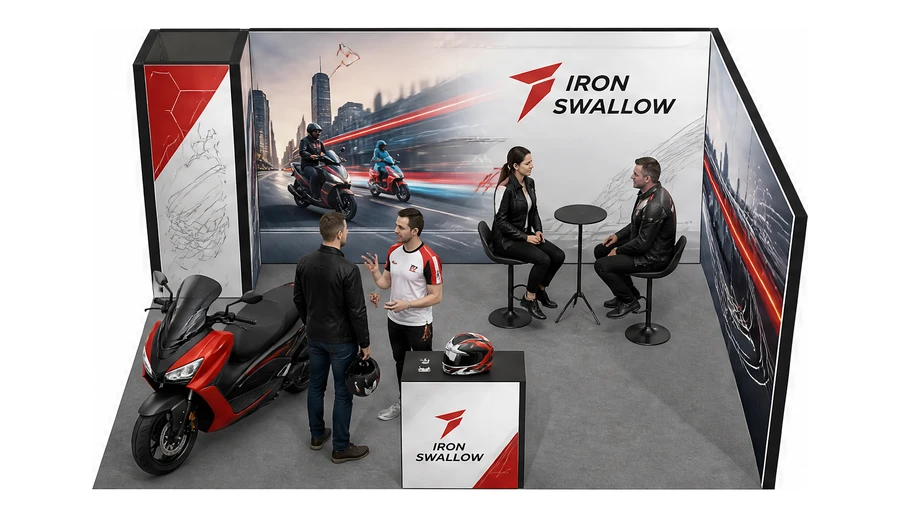 Stoisko 5 × 4 m narożne prawe dla branży motocykle i skutery, przykładowa marka Iron Swallow
