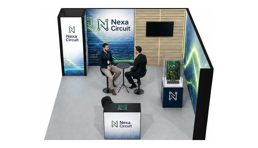 Stoisko 5 × 5 m narożne prawe dla branży komponenty elektroniczne, przykładowa marka Nexa Circuit