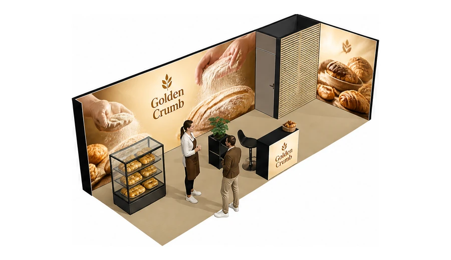 Stoisko 8 × 3 m narożne prawe dla branży piekarnictwo i cukiernictwo, przykładowa marka Golden Crumb