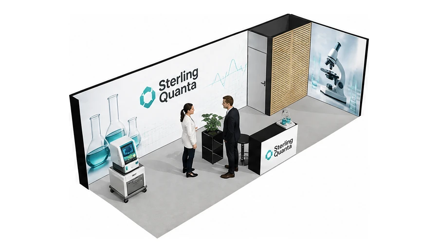 Stoisko 8 × 3 m narożne prawe dla branży sprzęt laboratoryjny, przykładowa marka Sterling Quanta
