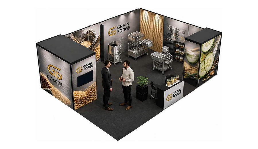 Stoisko 8 × 6 m narożne prawe dla branży technologie spożywcze, przykładowa marka Grain Forge