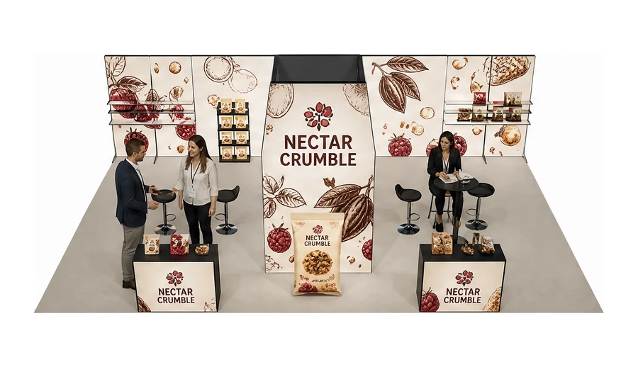 Stoisko 10 × 6 m półwyspowe dla branży słodycze i przekąski, przykładowa marka Nectar Crumble