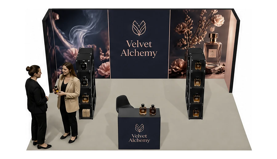 Stoisko 6 × 4 m półwyspowe dla branży perfumy, przykładowa marka Velvet Alchemy