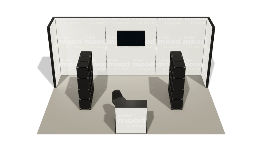 Układ z góry stoiska targowego stoisko polwyspowe 6x4 m100 led z ekranem z0 r0 s0 l1 e1 p0 w0 m0 g0 a4 v2 o3