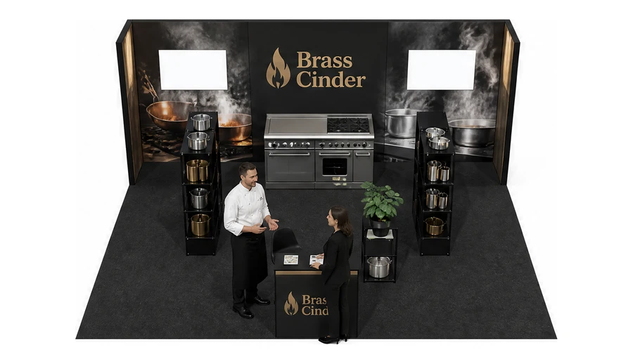 Stoisko 6 × 5 m półwyspowe dla branży wyposażenie gastronomii, przykładowa marka Brass Cinder