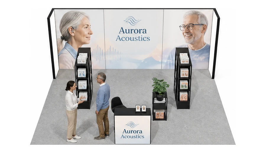 Stoisko 6 × 5 m półwyspowe dla branży optyka i audiologia, przykładowa marka Aurora Acoustics