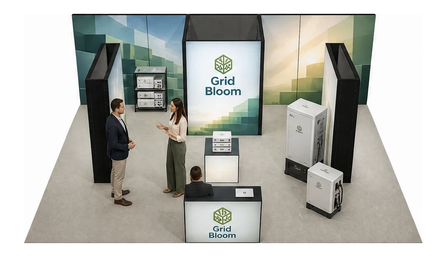 Stoisko 8 × 6 m półwyspowe dla branży magazyny energii, przykładowa marka Grid Bloom