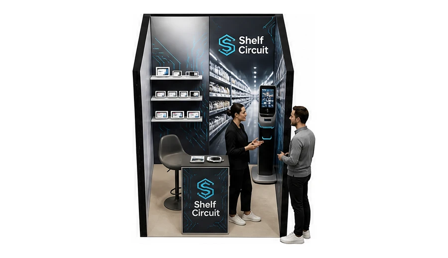 Stoisko 2 × 2 m szeregowe dla branży technologie dla handlu, przykładowa marka Shelf Circuit