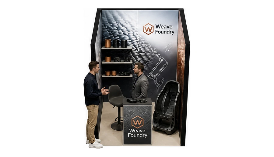 Stoisko 2 × 2 m szeregowe dla branży materiały kompozytowe, przykładowa marka Weave Foundry