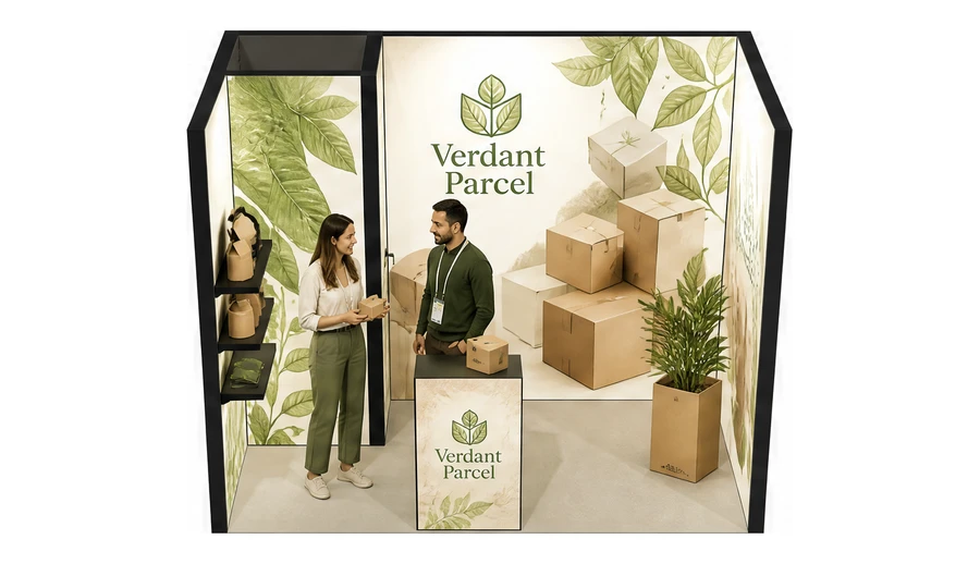 Stoisko 3 × 2 m szeregowe dla branży opakowania ekologiczne, przykładowa marka Verdant Parcel