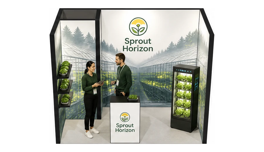 Stoisko 3 × 2 m szeregowe dla branży sadownictwo i warzywnictwo, przykładowa marka Sprout Horizon
