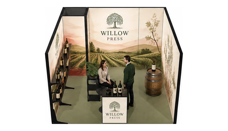 Stoisko 4 × 4 m szeregowe dla branży winnica, przykładowa marka Willow Press