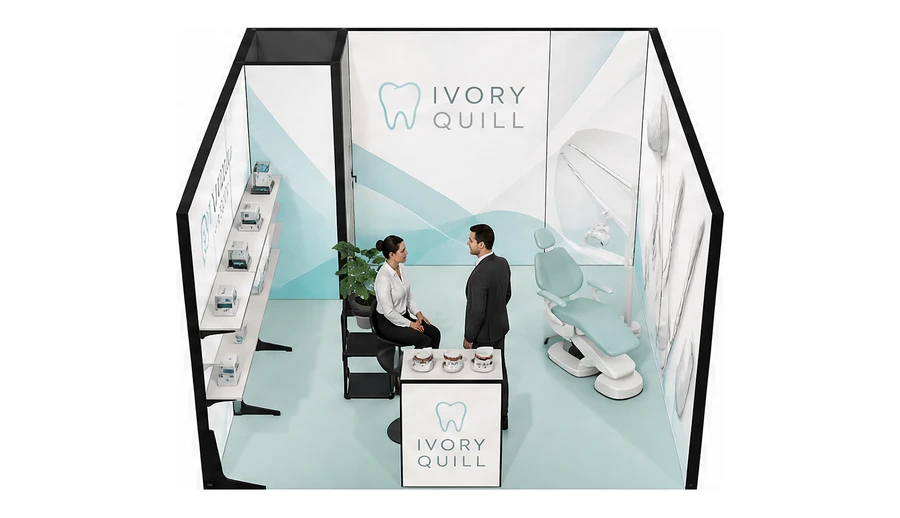 Stoisko 4 × 4 m szeregowe dla branży stomatologia, przykładowa marka Ivory Quill