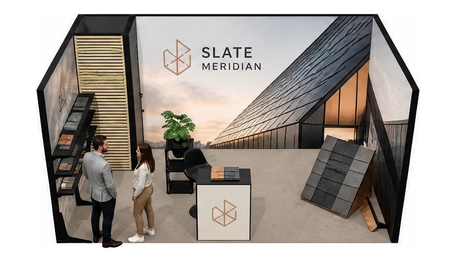 Stoisko 5 × 3 m szeregowe dla branży dachy i elewacje, przykładowa marka Slate Meridian