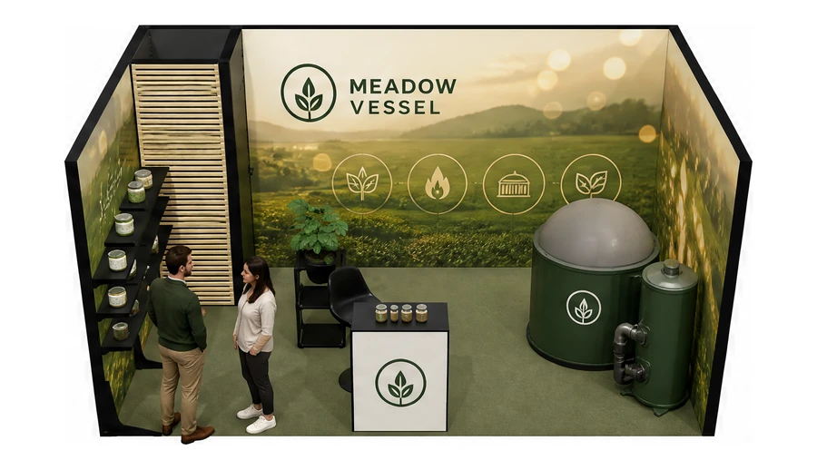 Stoisko 5 × 3 m szeregowe dla branży biogaz i OZE, przykładowa marka Meadow Vessel