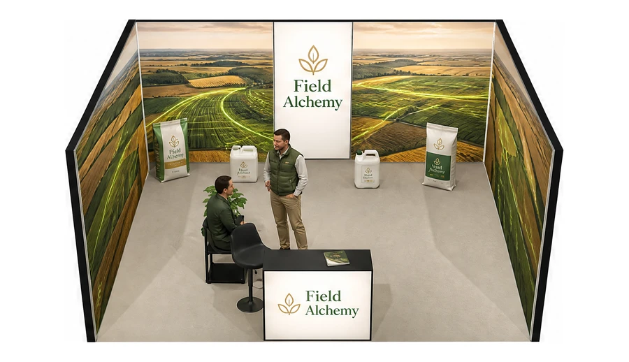 Stoisko 5 × 4 m szeregowe dla branży nawozy i ochrona roślin, przykładowa marka Field Alchemy