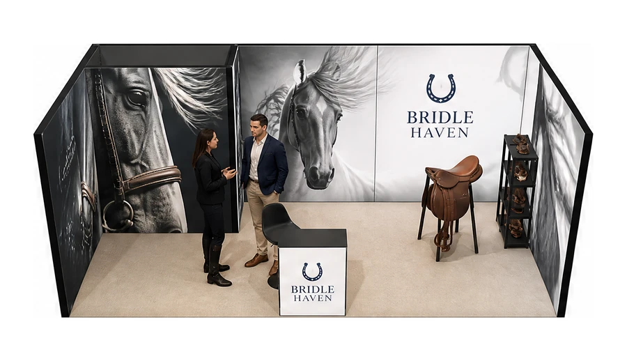 Stoisko 6 × 3 m szeregowe dla branży jeździectwo, przykładowa marka Bridle Haven