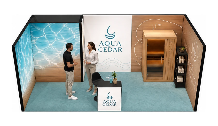 Stoisko 6 × 3 m szeregowe dla branży baseny i sauny, przykładowa marka Aqua Cedar