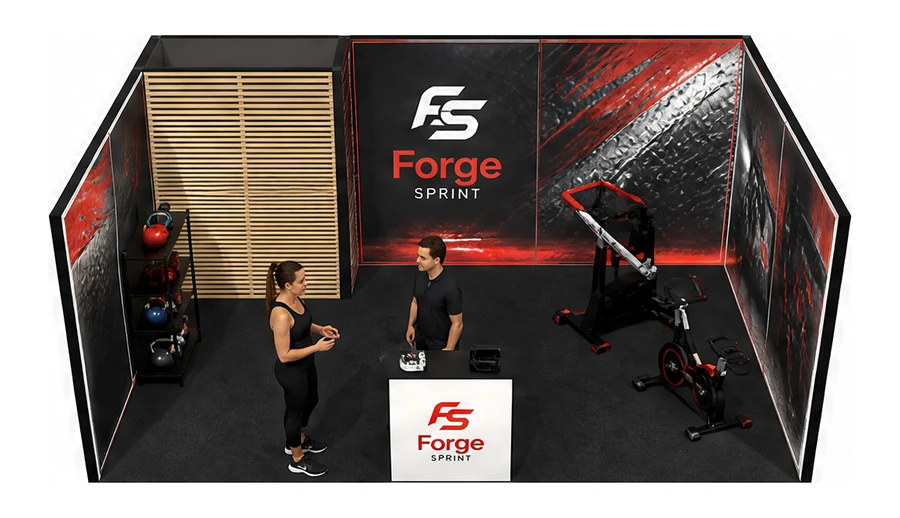 Stoisko 6 × 4 m szeregowe dla branży fitness i siłownie, przykładowa marka Forge Sprint