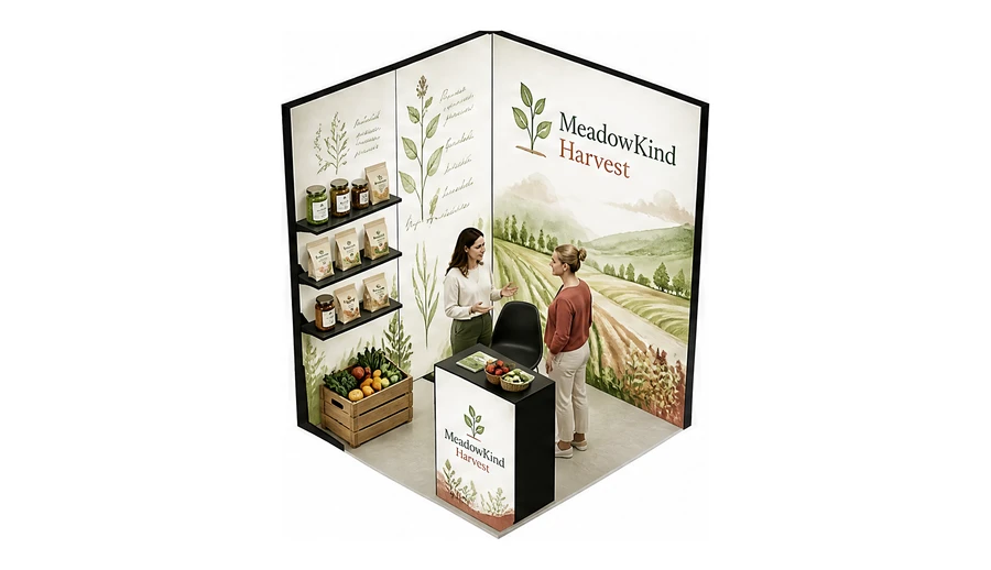Stoisko 2 × 2 m narożne lewe dla branży żywność ekologiczna, przykładowa marka MeadowKind Harvest