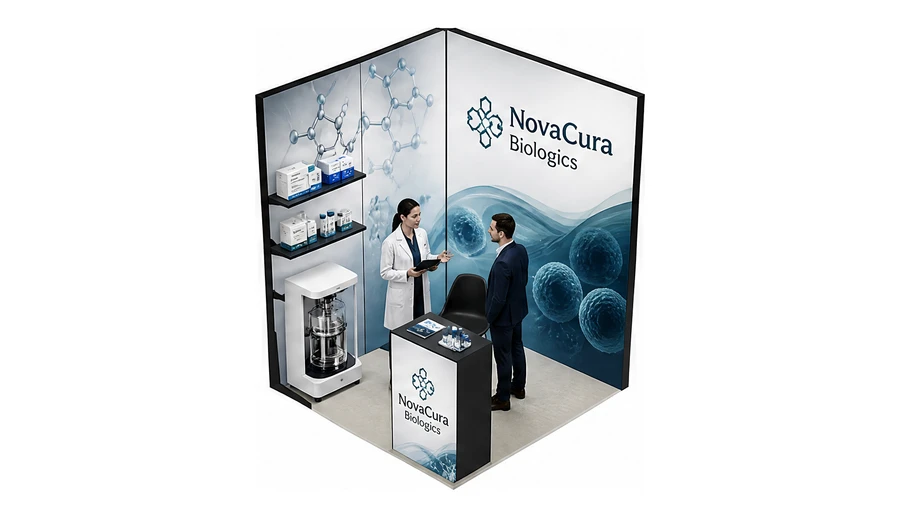 Stoisko 2 × 2 m narożne lewe dla branży farmacja i biotechnologia, przykładowa marka NovaCura Biologics
