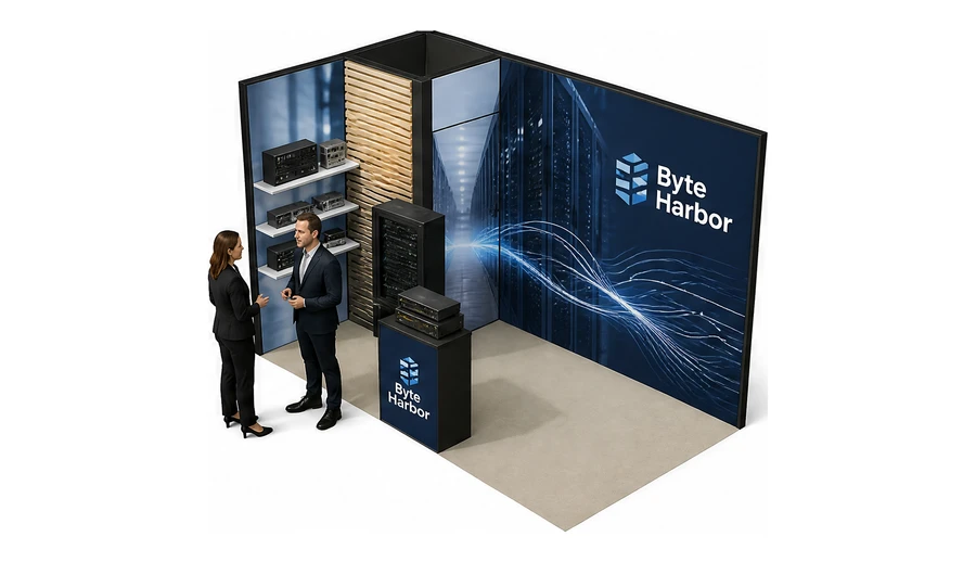 Stoisko 3 × 2 m narożne lewe dla branży infrastruktura IT i data center, przykładowa marka Byte Harbor
