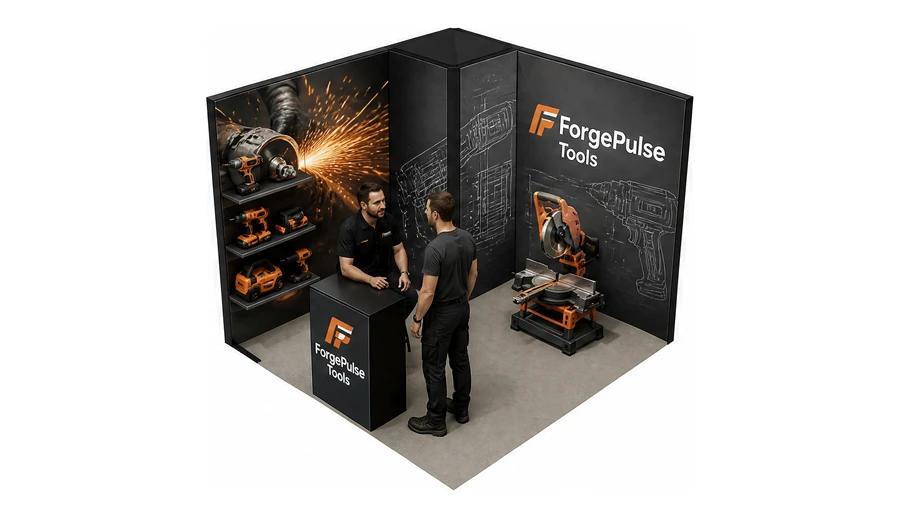 Stoisko 3 × 3 m narożne lewe dla branży elektronarzędzia, przykładowa marka ForgePulse Tools