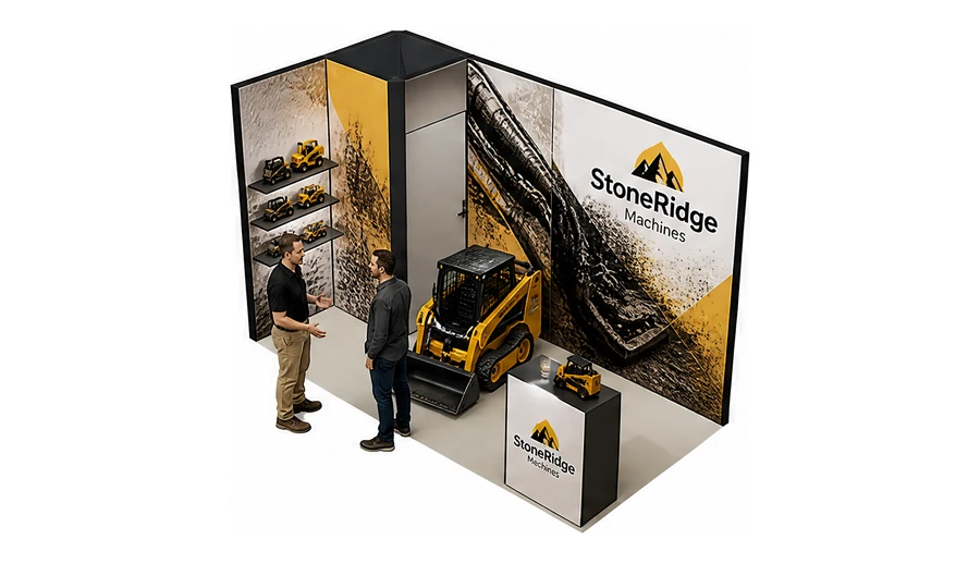 Stoisko 4 × 2 m narożne lewe dla branży maszyny budowlane, przykładowa marka StoneRidge Machines