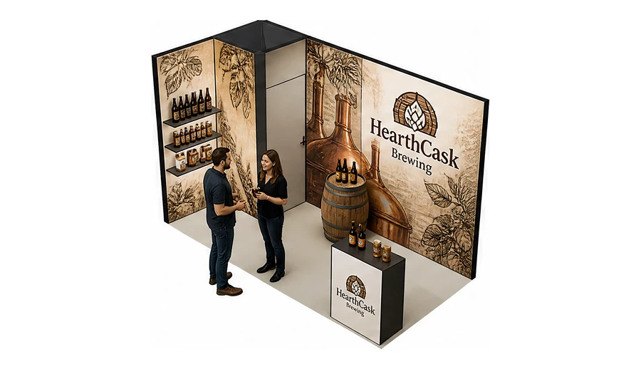 Stoisko 4 × 2 m narożne lewe dla branży browar rzemieślniczy, przykładowa marka HearthCask Brewing