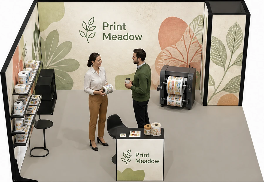 Stoisko 5 × 4 m narożne lewe dla branży etykiety i poligrafia, przykładowa marka Print Meadow