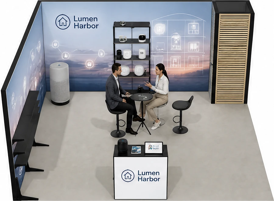 Stoisko 5 × 5 m narożne lewe dla branży smart home i IoT, przykładowa marka Lumen Harbor