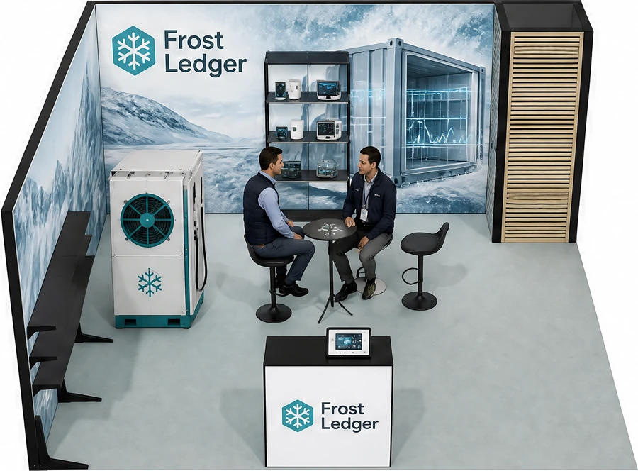 Stoisko 5 × 5 m narożne lewe dla branży łańcuch chłodniczy, przykładowa marka Frost Ledger