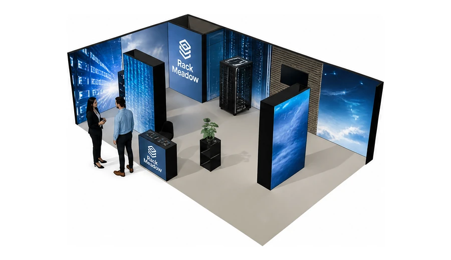 Stoisko 8 × 5 m narożne lewe dla branży infrastruktura IT i data center, przykładowa marka Rack Meadow