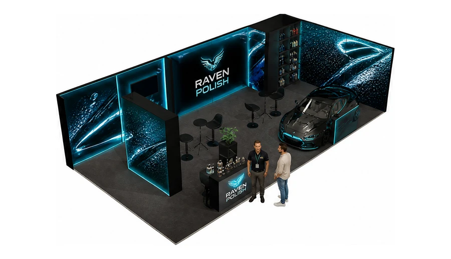 Stoisko 10 × 5 m narożne prawe dla branży tuning i detailing, przykładowa marka Raven Polish