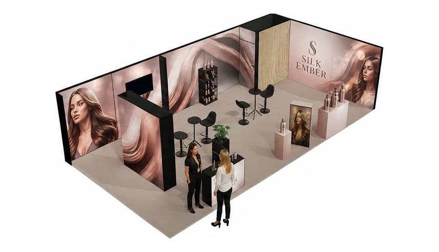 Stoisko 10 × 5 m narożne prawe dla branży fryzjerstwo i salony beauty, przykładowa marka Silk Ember
