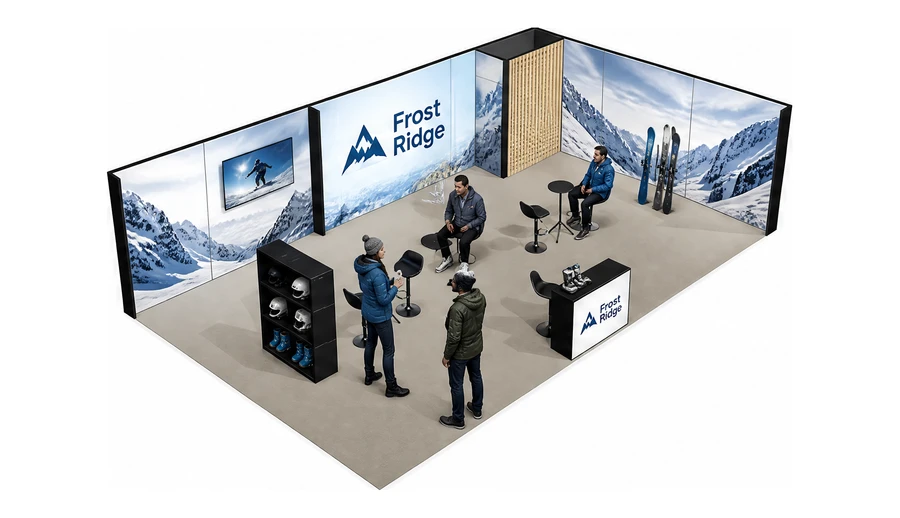 Stoisko 10 × 6 m narożne prawe dla branży narciarstwo i sporty zimowe, przykładowa marka Frost Ridge