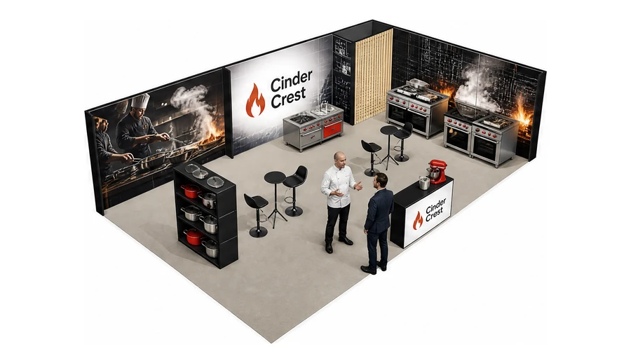 Stoisko 10 × 6 m narożne prawe dla branży wyposażenie gastronomii, przykładowa marka Cinder Crest