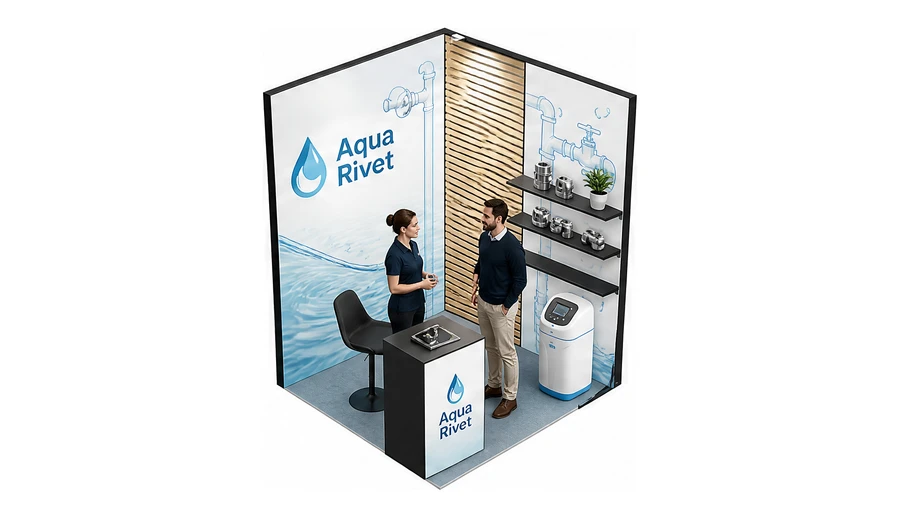 Stoisko 2 × 2 m narożne prawe dla branży instalacje wodno-kanalizacyjne, przykładowa marka Aqua Rivet