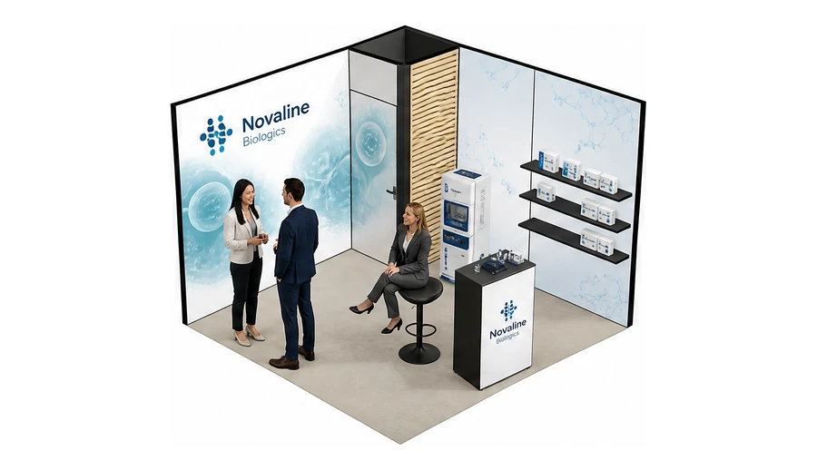 Stoisko 3 × 3 m narożne prawe dla branży farmacja i biotechnologia, przykładowa marka Novaline Biologics