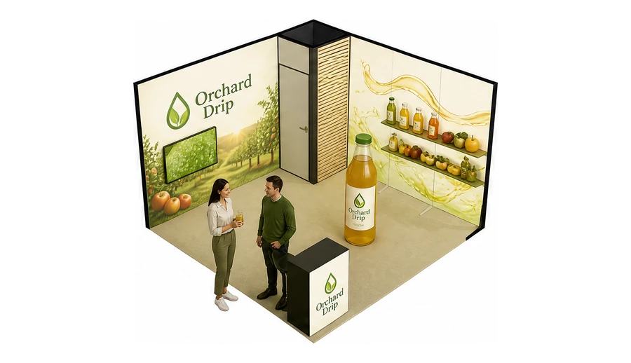 Stoisko 4 × 4 m narożne prawe dla branży napoje, przykładowa marka Orchard Drip