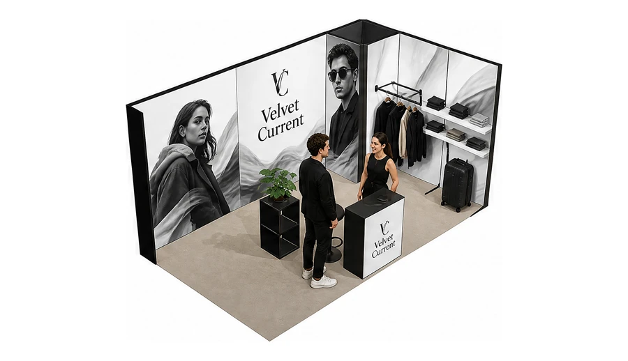 Stoisko 5 × 3 m narożne prawe dla branży odzież i moda, przykładowa marka Velvet Current