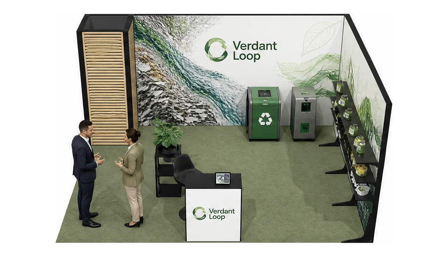 Stoisko 5 × 4 m narożne prawe dla branży recykling i ochrona środowiska, przykładowa marka Verdant Loop