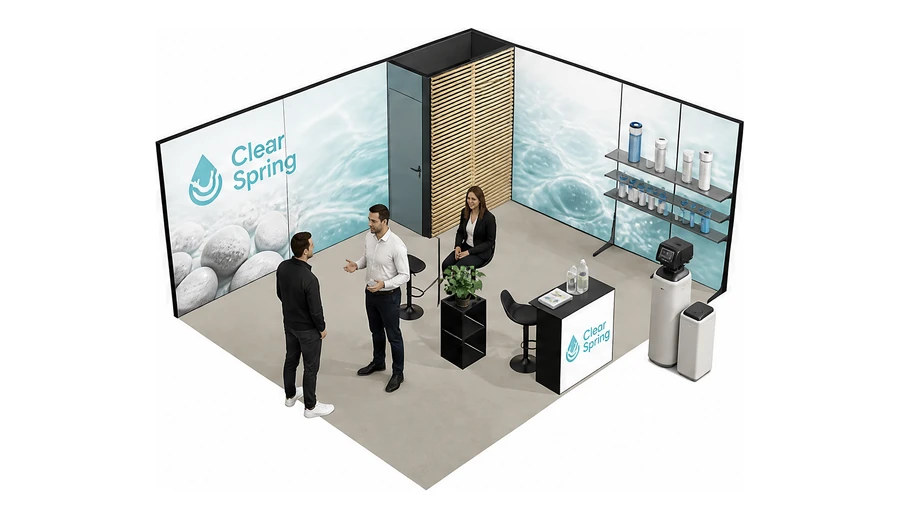 Stoisko 6 × 5 m narożne prawe dla branży technologie wodne, przykładowa marka Clear Spring